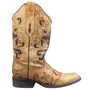 Corral Women's Antique Saddle Metal Cross Square Toe Cowgirl Boots Size US 7